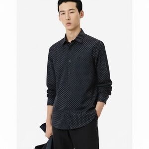 Lacoste Slim Fit Button Down Shirt Long Sleeve Navy Blue Micro Polka Dot Large